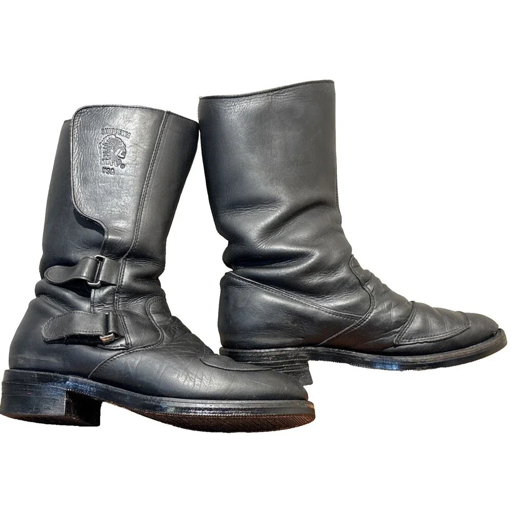 Chippewa 27862 Odessa Rally Biker Boots Black Leather 10.5EE Hook & Loop VINTAGE